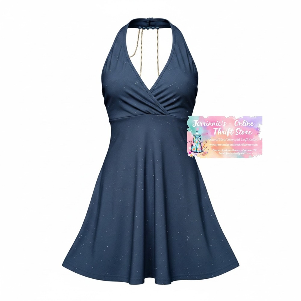 SHEIN Navy Blue Sparkly Halter Dress Gold Chain Back Surplice Neck Medium